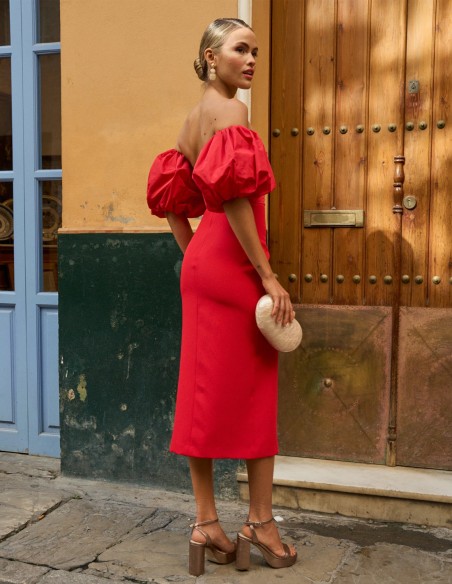 Vestido de fiesta midi con manga abullonada y escote palabra de honor
