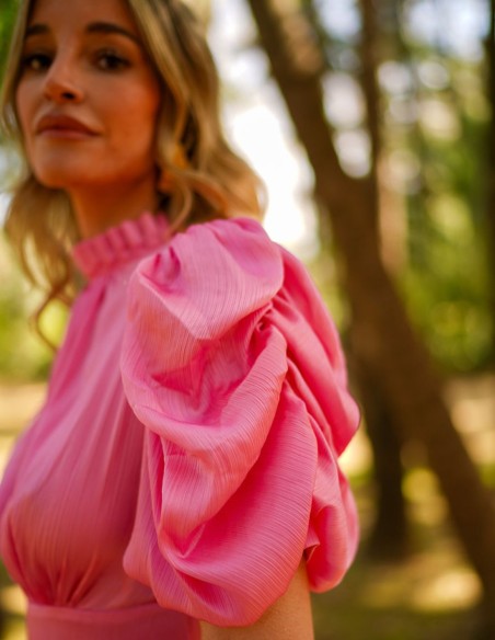 Pleated midi party dress with short puffed sleeves