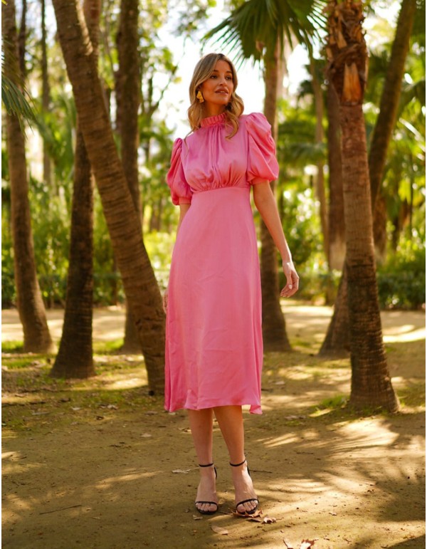 Robe de soirée midi plissée avec manches courtes bouffantes