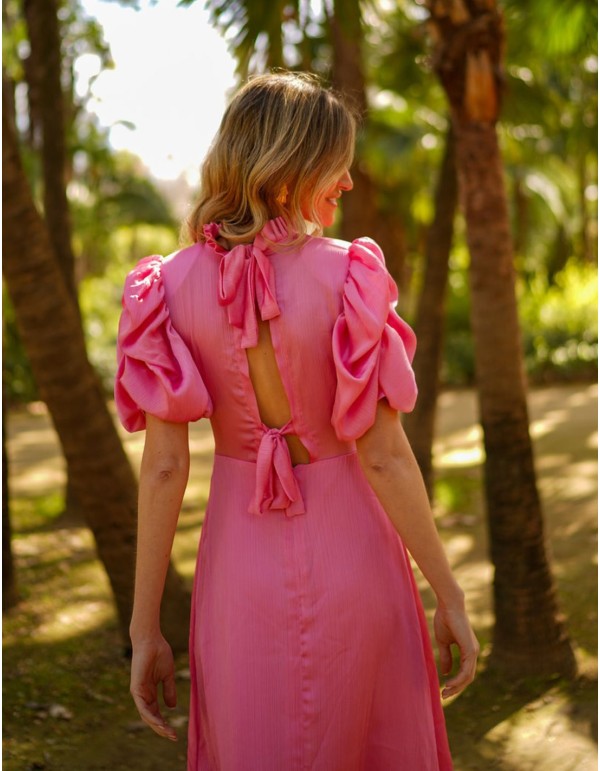 Vestido midi de fiesta plisado con manga corta abullonada 2