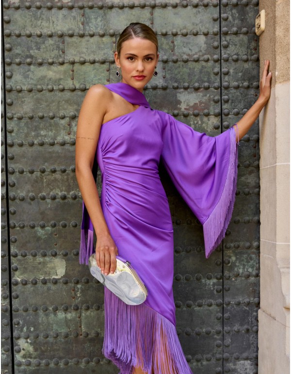Midi party dress with one sleeve and fringes at the hem