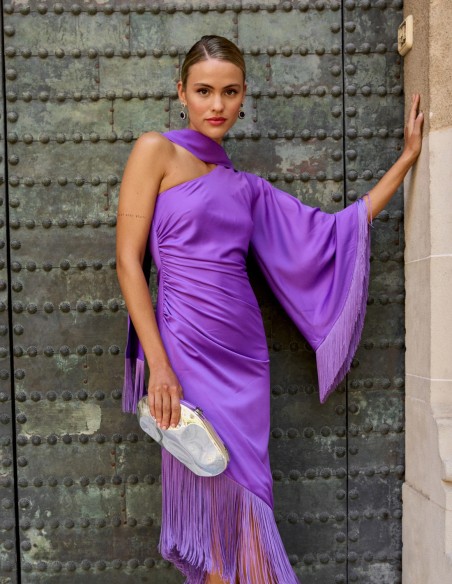 Midi party dress with one sleeve and fringes at the hem