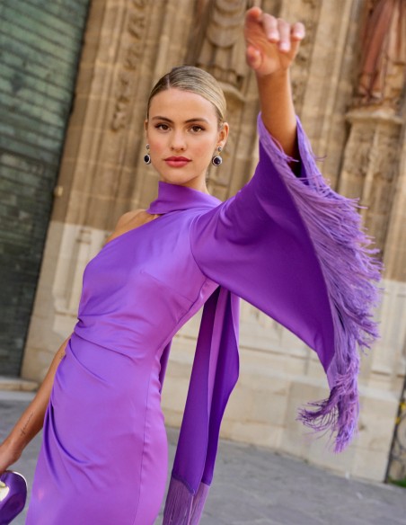 Midi party dress with one sleeve and fringes
