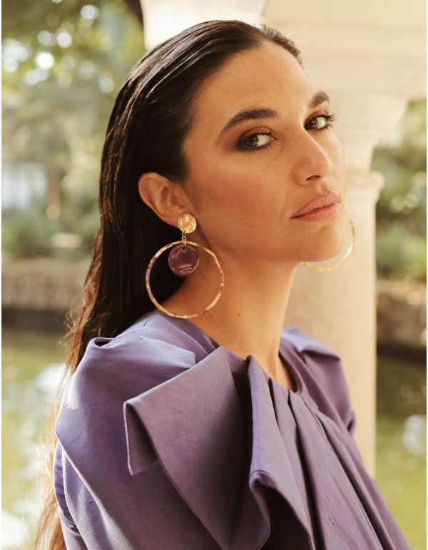 Gold plated circle with purple ceramic detail party earrings