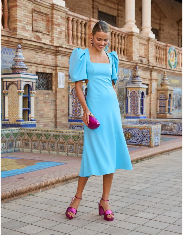 Midi party dress with puffed sleeves and square neckline 2