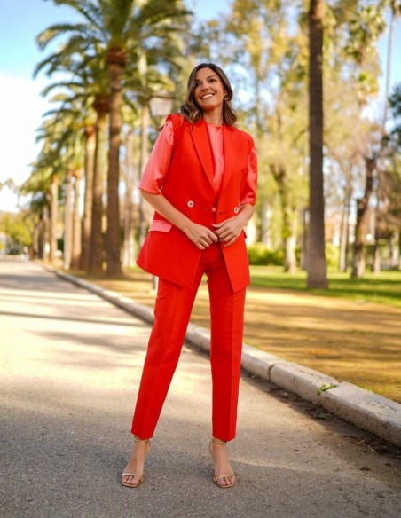 Gilet en soie orange avec Boutonnières et poches Doublées