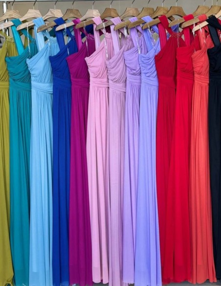 Evening dress with halter neckline and rhinestones