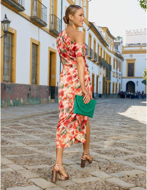 Vestido de fiesta midi con escote asimétrico y abertura 2