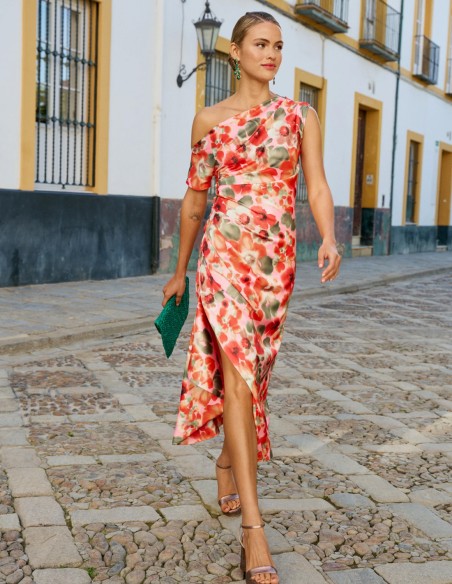 Robe de soirée midi imprimée avec encolure asymétrique et fente