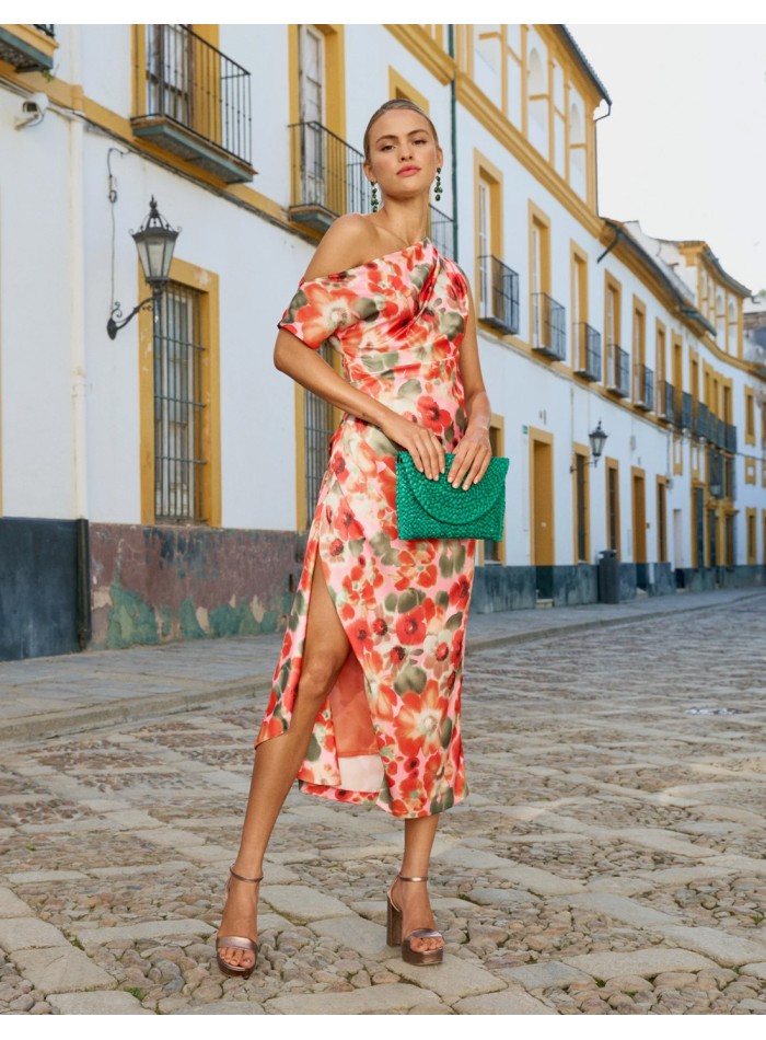 Printed midi party dress with asymmetrical...