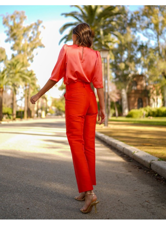 Satin party blouse with puffed french sleeves