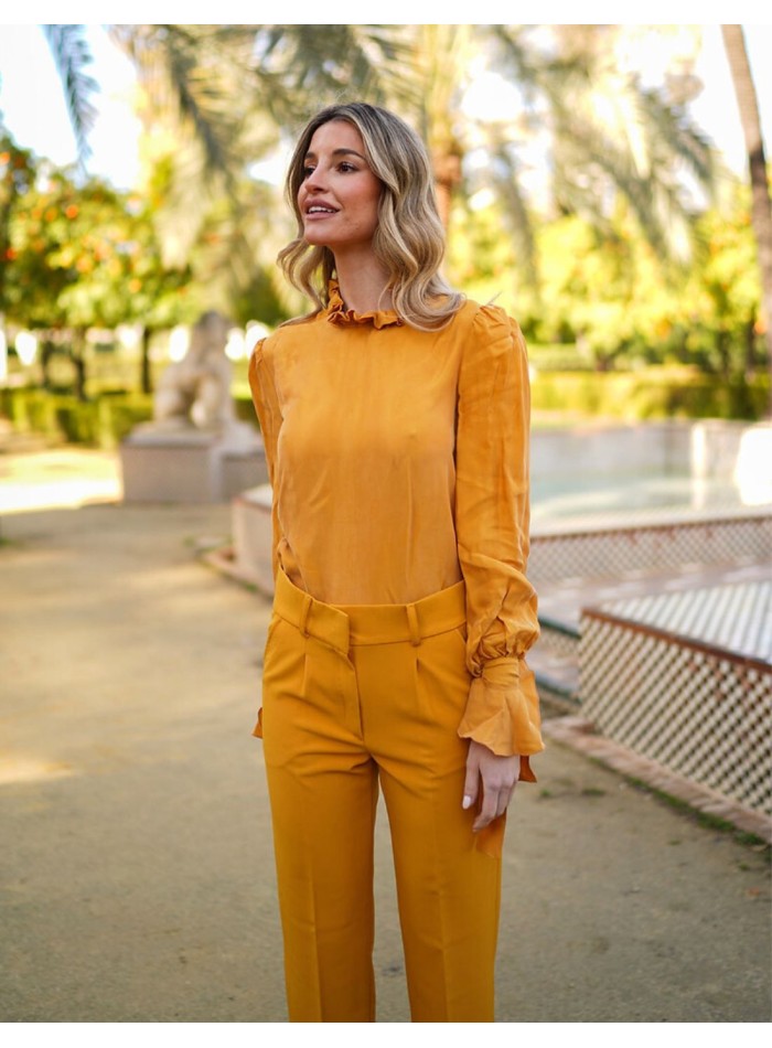 Blusa de fiesta de cuello alto y manga larga con volantes