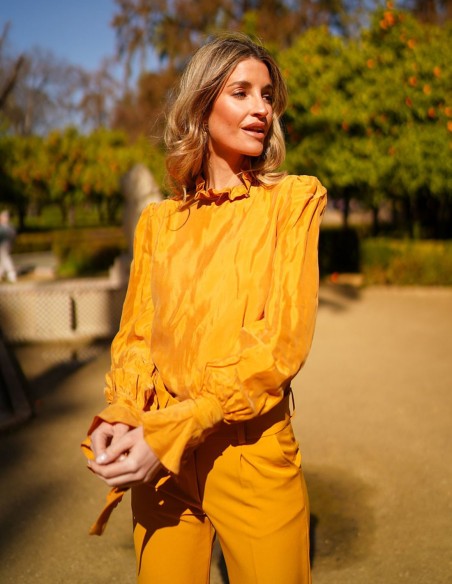 High neck and long sleeve party blouse with ruffles