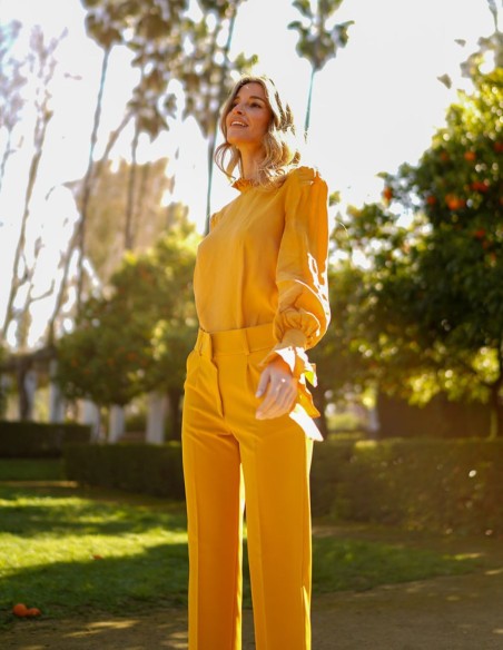 Chemisier de fête à manches longues, col montant et manches volantées