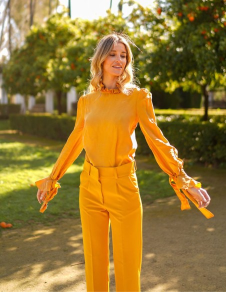 Blusa de fiesta de cuello alto y manga larga con volantes