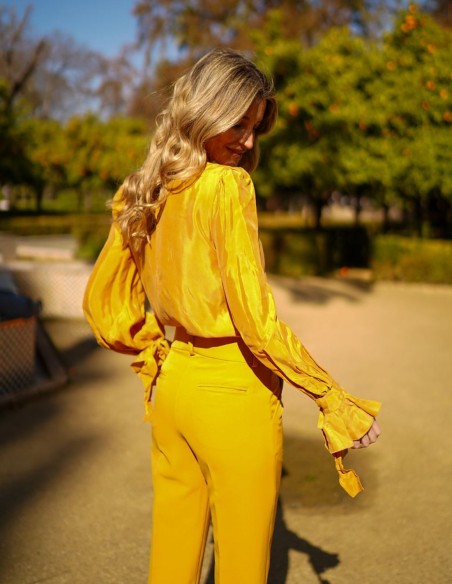 High neck and long sleeve party blouse with ruffles