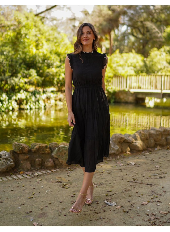 Chiffon midi party dress with embroidered closed neckline