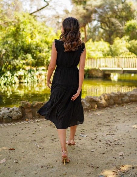 Vestido midi de fiesta de gasa con escote cerrado bordado