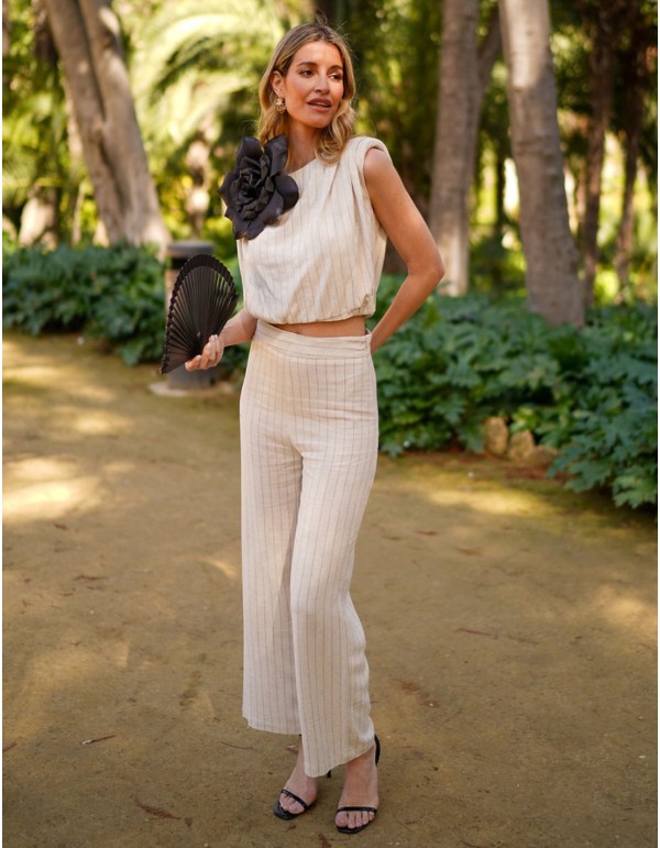 High-waist linen long pants with striped print