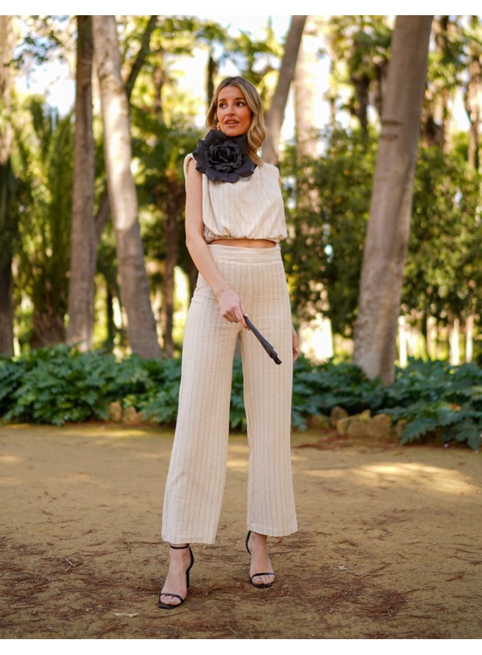 High-waist linen long pants with striped print
