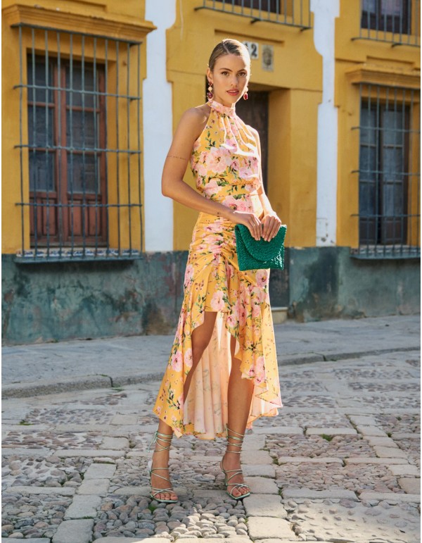 Falda midi con corte drapeado y volante en tonos amarillos