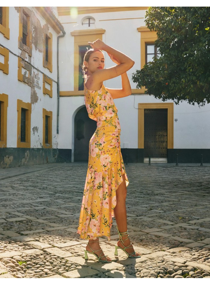 Printed midi skirt with draped cut and flounce