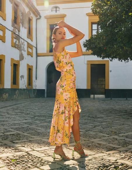 Printed midi skirt with draped cut and flounce