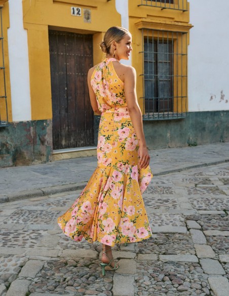 Printed midi skirt with draped cut and flounce