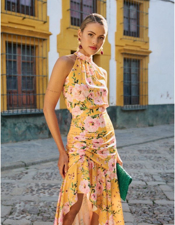 Blusa estampada con cuello halter amarillo 2