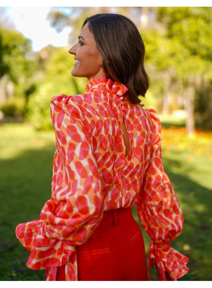 Long sleeve printed party blouse with lacing