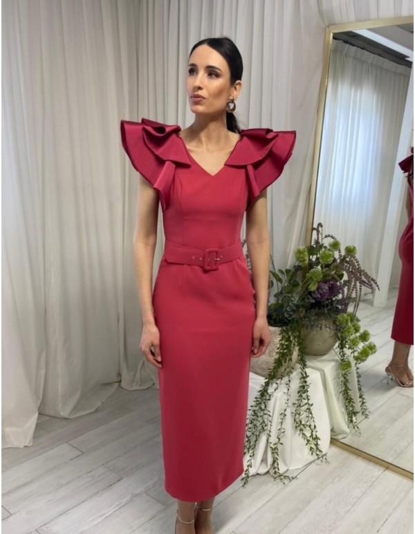 Vestido midi de fiesta con cinturón y volantes 2