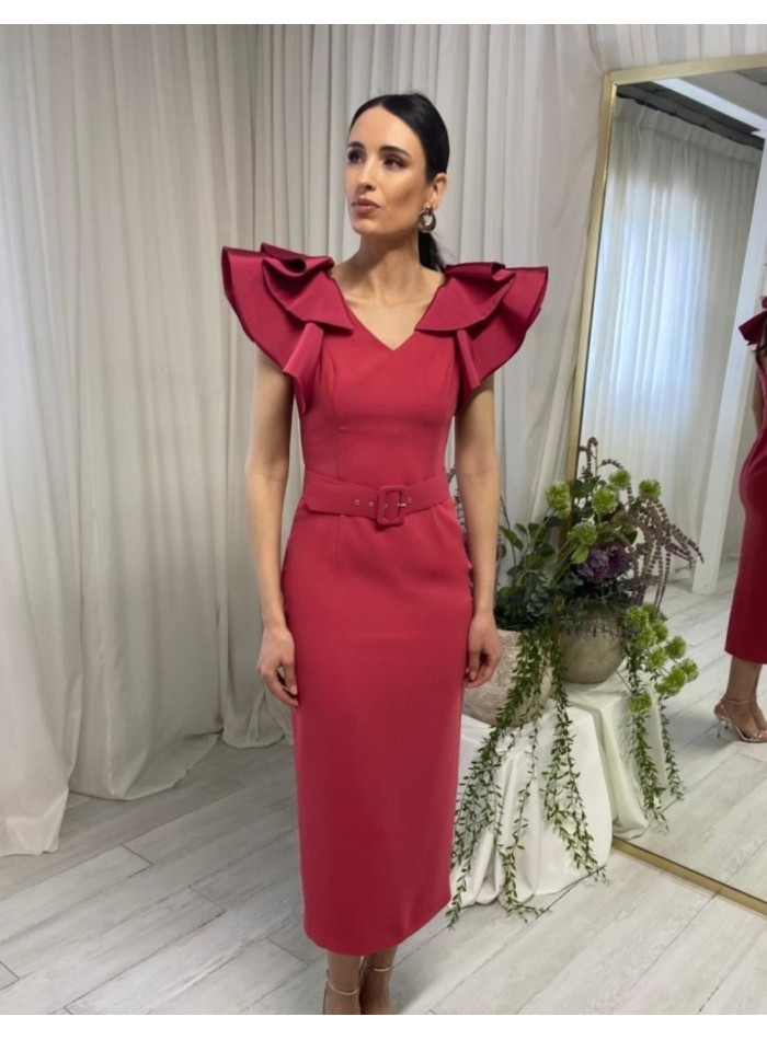 Vestido midi de fiesta con cinturón y volantes