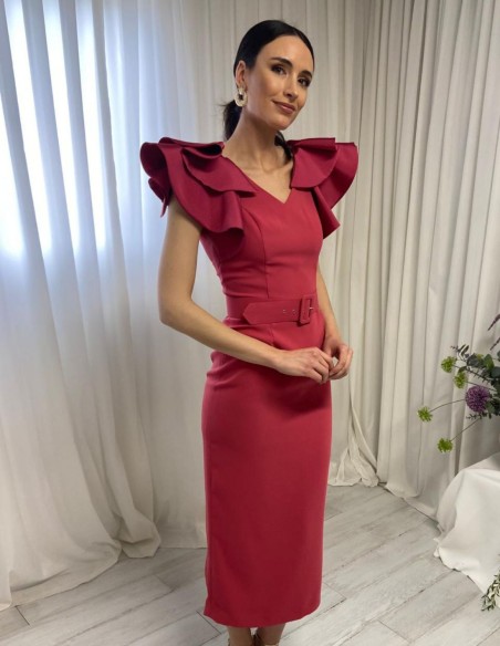 Midi party dress with belt and ruffles