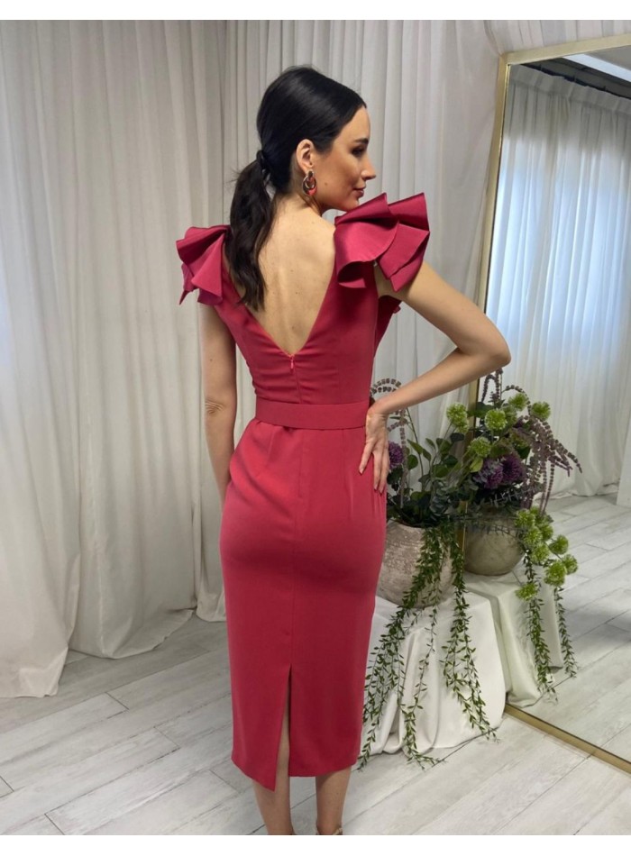 Robe de soirée midi avec ceinture et volants