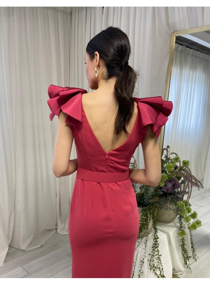 Midi party dress with belt and ruffles