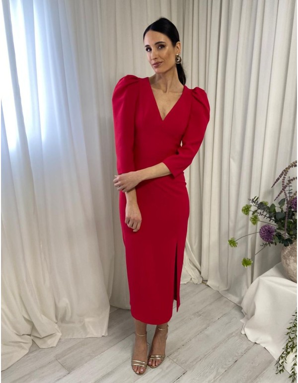 Midi party dress with puffed sleeves and open back