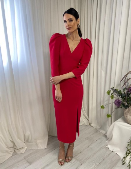 Vestido midi de fiesta con manga abullonada y espalda descubierta