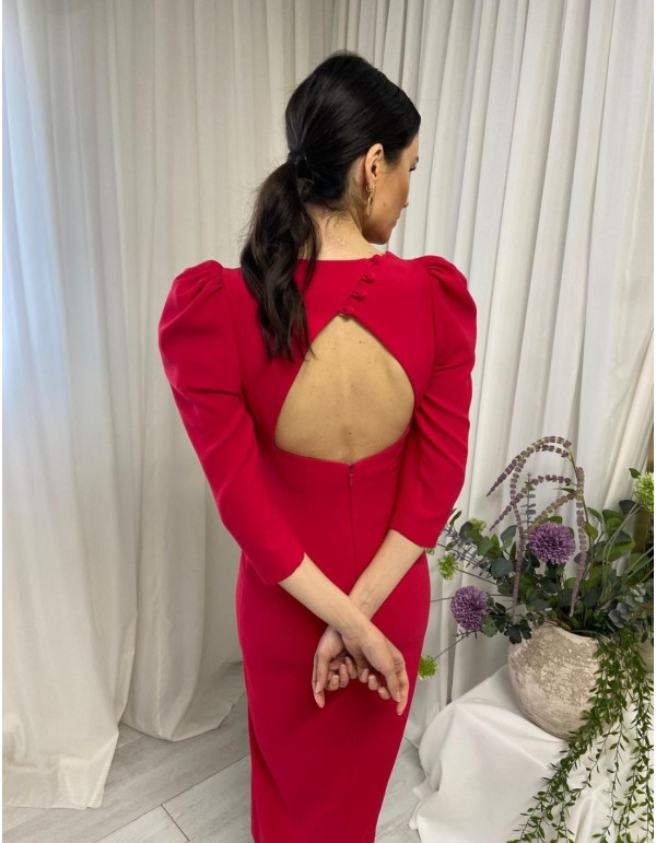 Midi party dress with puffed sleeves and open back 2