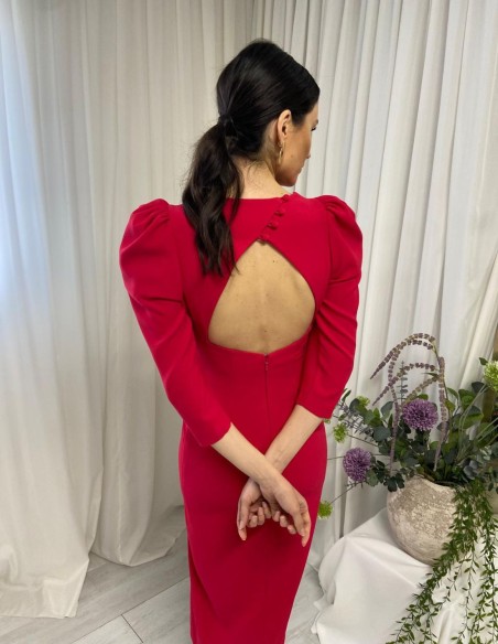 Vestido midi de fiesta con manga abullonada y espalda descubierta