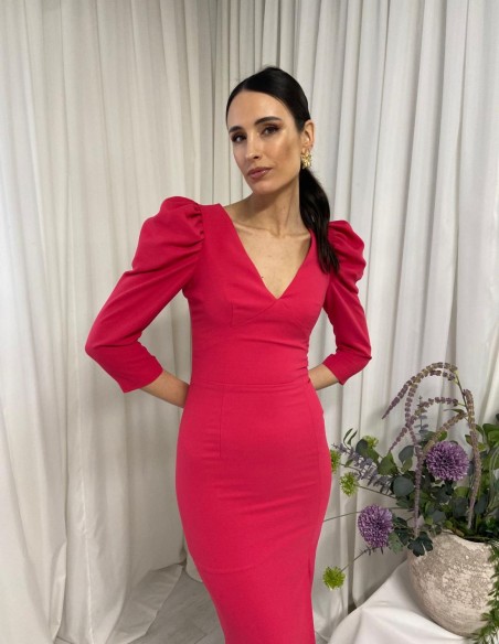 Midi party dress with puffed sleeves and open back