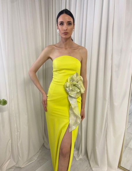 Robe de fête longue sans bretelles avec fleurs, couleur citron vert