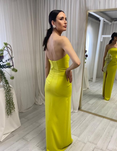 Long strapless party dress lime with flower