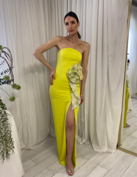 Robe de fête longue sans bretelles avec fleurs, couleur citron vert