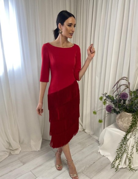 Fringed midi dress with boat neckline and French sleeves