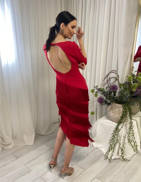 Fringed midi dress with boat neckline and French sleeves