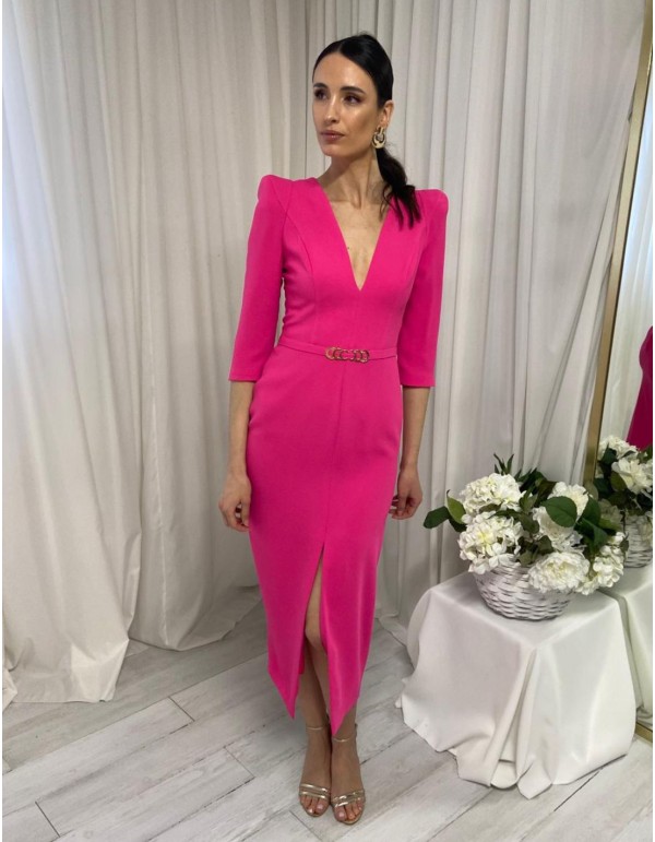 Robe midi unie avec manches françaises et bretelles en...