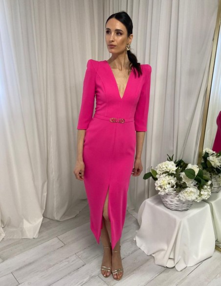 Robe midi unie avec manches françaises et bretelles en pointe