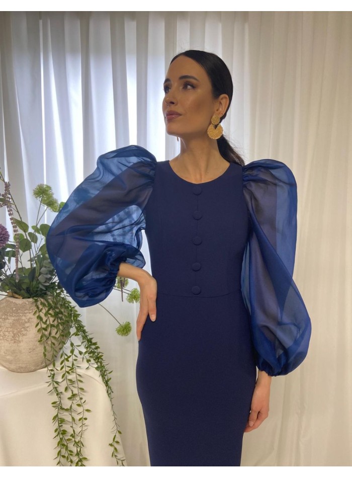 Midi party dress with puffed organza sleeves