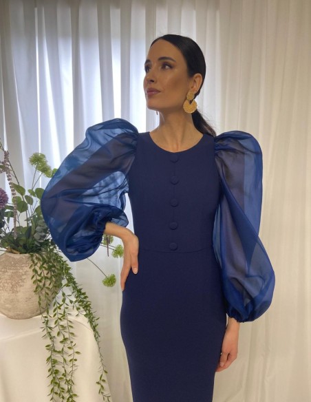 Midi party dress with puffed organza sleeves