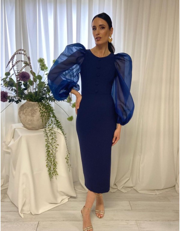 Midi party dress with puffed organza sleeves